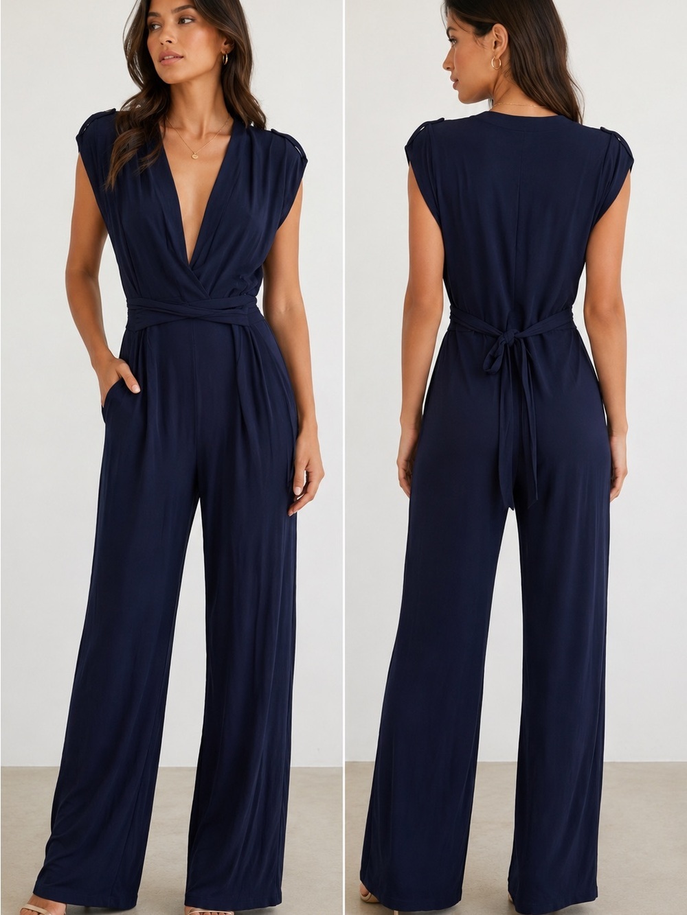 Diane Von Furstenberg Navy Wrap-Front Wide-Leg Jumpsuit